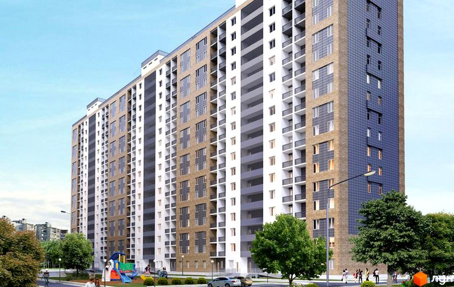 Житловий комплекс Рідне місто - багатоповерховий будинок з цегляним та синім фасадом, балконами та великими вікнами. На прибудинковій території дитячий майданчик та зелені насадження.