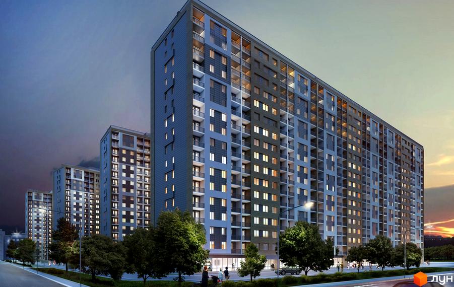 Зображення багатоповерхового будинку в Житловому комплексі Рідне місто. Вигляд фасаду та прилеглої території з деревами.