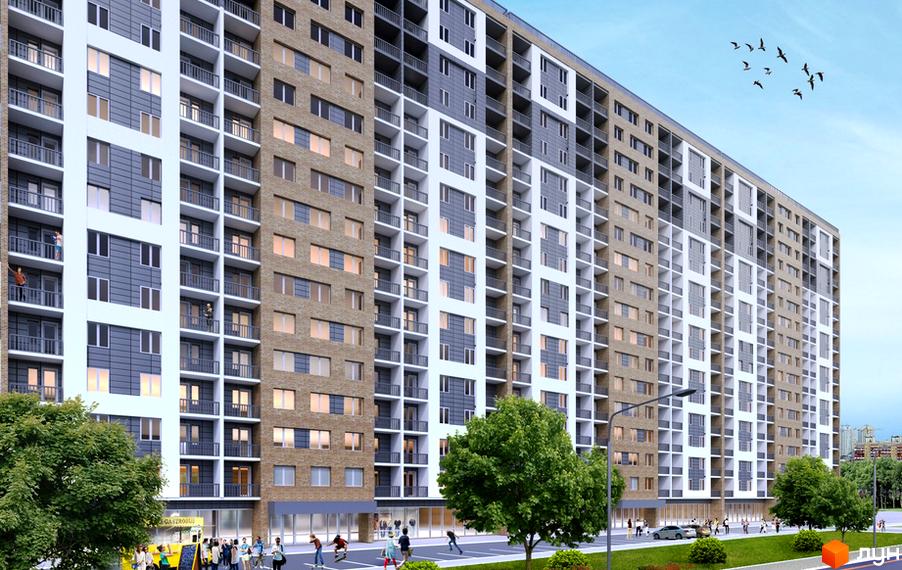 Зовнішній вигляд багатоповерхового будинку ЖК Рідне місто з балконами та вікнами. Навколо будинку зелені дерева та міська вулиця з людьми.