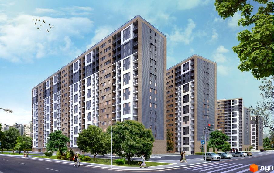 Зображення фасаду та прибудинкової території Житлового комплексу Рідне місто. Вигляд багатоповерхового будинку та облаштованого подвір'я.