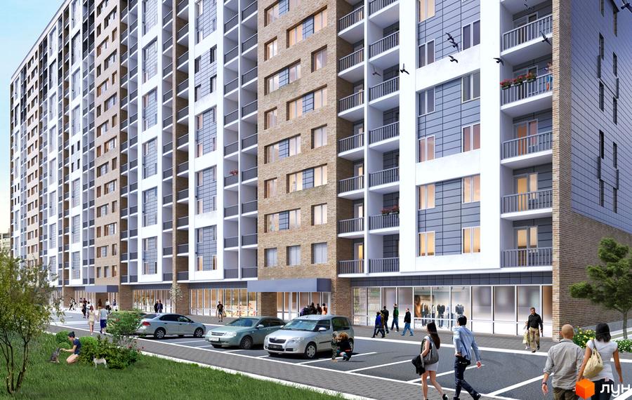 Зображення фасаду та прибудинкової території Житлового району Рідне місто. Багатоповерховий будинок з балконами, парковка та зелена зона.