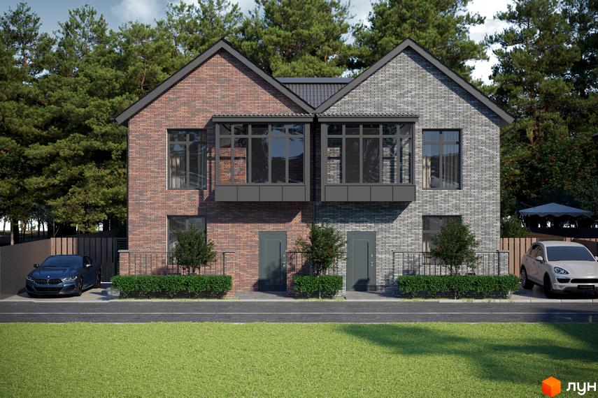 Котеджне містечко КМ SIB Home. Зовнішній вигляд дуплексу з цегляним фасадом та прибудинковою територією з деревами та парканом.