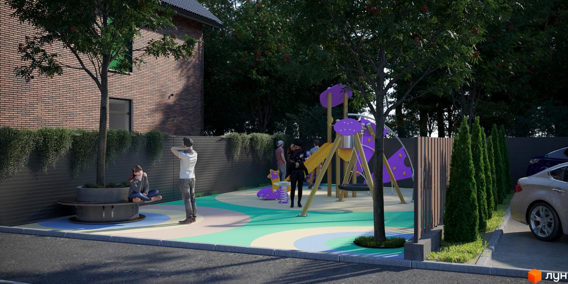 КМ SIB Home: дитячий майданчик з гойдалками та гіркою біля цегляного будинку. Територія комплексу озеленена деревами та кущами.