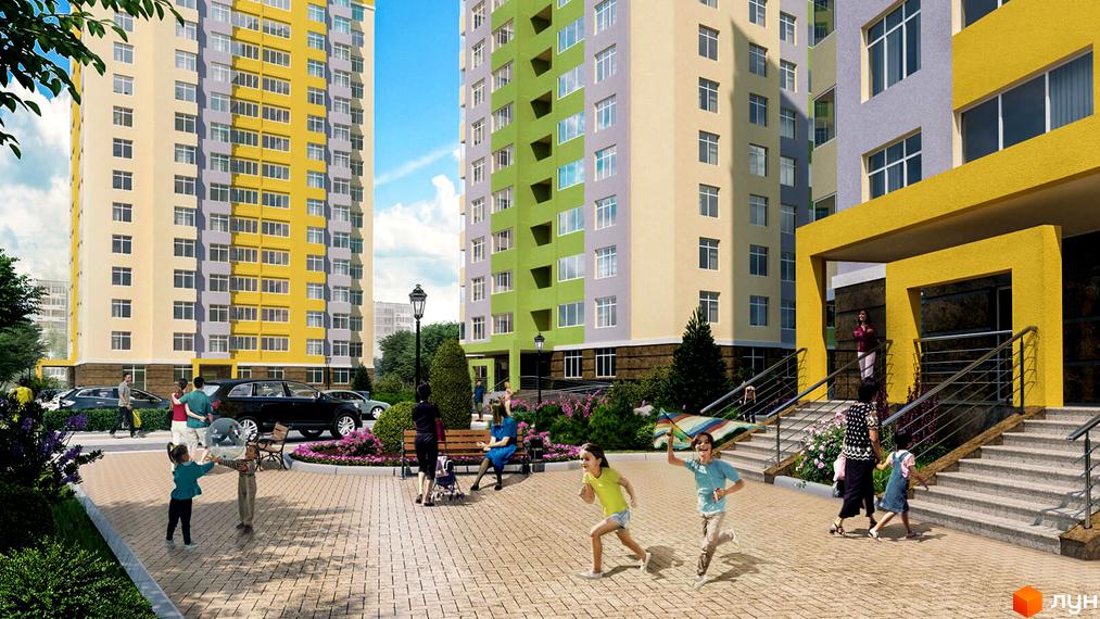 Житловий комплекс Відрадний: багатоповерхові будинки жовтого та зеленого кольорів. Прибудинкова територія з бруківкою, зеленими насадженнями та дитячим майданчиком.