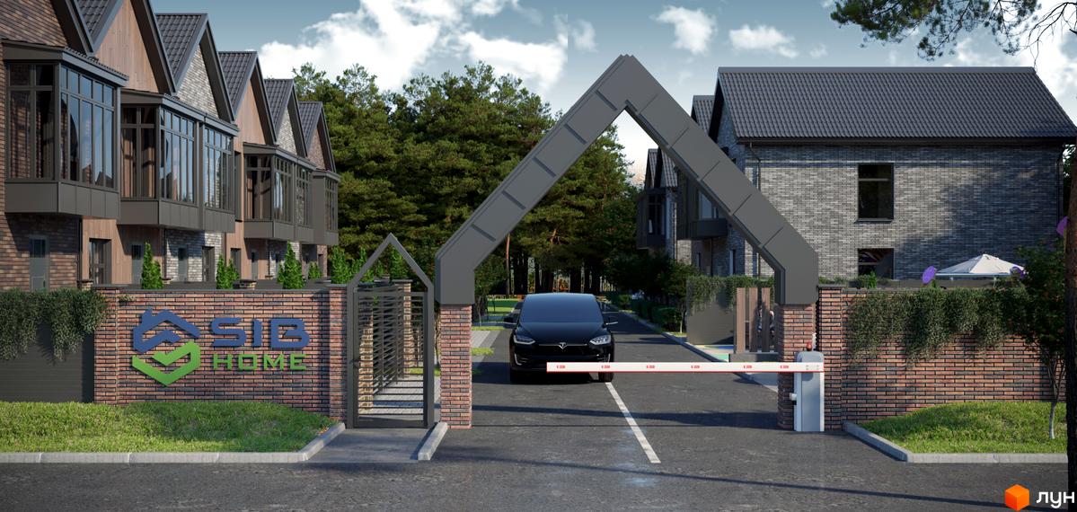 Котеджне містечко SIB Home з цегляним фасадом та великими вікнами, огороджена територія з шлагбаумом та автомобілем.