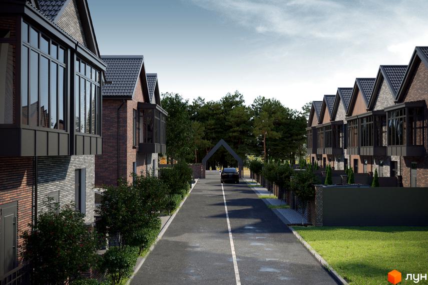 Котеджне містечко SIB Home: цегляні будинки з великими вікнами та зелена прибудинкова територія з дорогою та аркою.