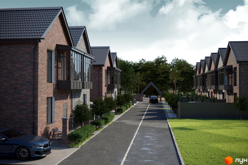 Зовнішній вигляд котеджного містечка КМ SIB Home з цегляними фасадами та зеленим газоном. На території новобудови розташована дорога з автомобілем та дерева.