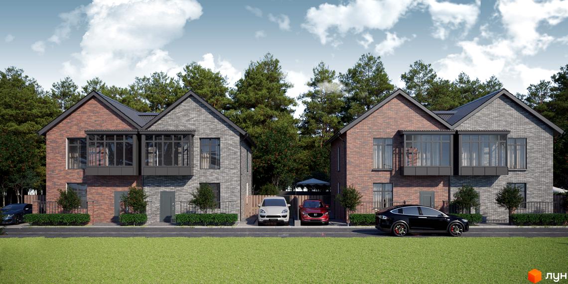 Котеджне містечко КМ SIB Home: двоповерхові будинки з цегляним фасадом та прибудинковою територією з газоном та деревами. На території розташовані автомобілі.