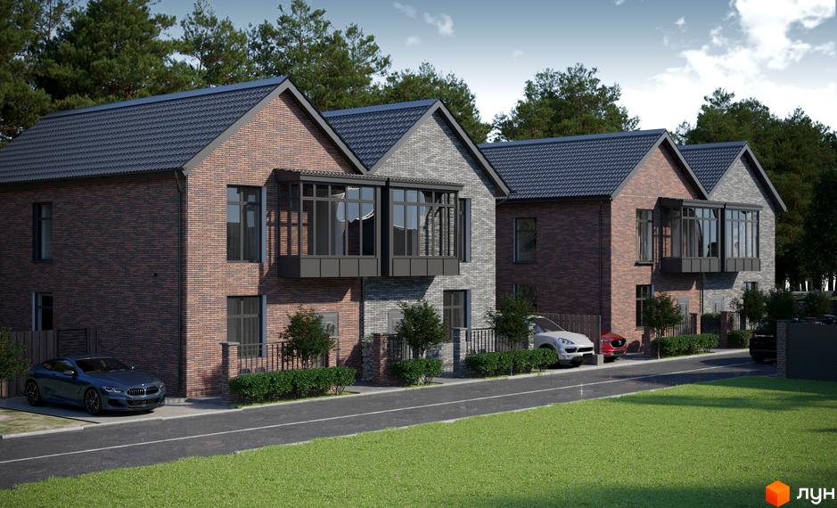 Зовнішній вигляд котеджного містечка КМ SIB Home з цегляним фасадом та зеленими насадженнями. На території комплексу розташовані автомобілі та доглянутий газон.