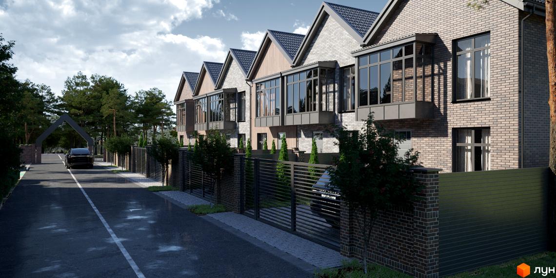 Котеджне містечко КМ SIB Home. Фасади будинків оздоблені світлою цеглою, великі панорамні вікна, охайні дворики з парканами та зеленими насадженнями.