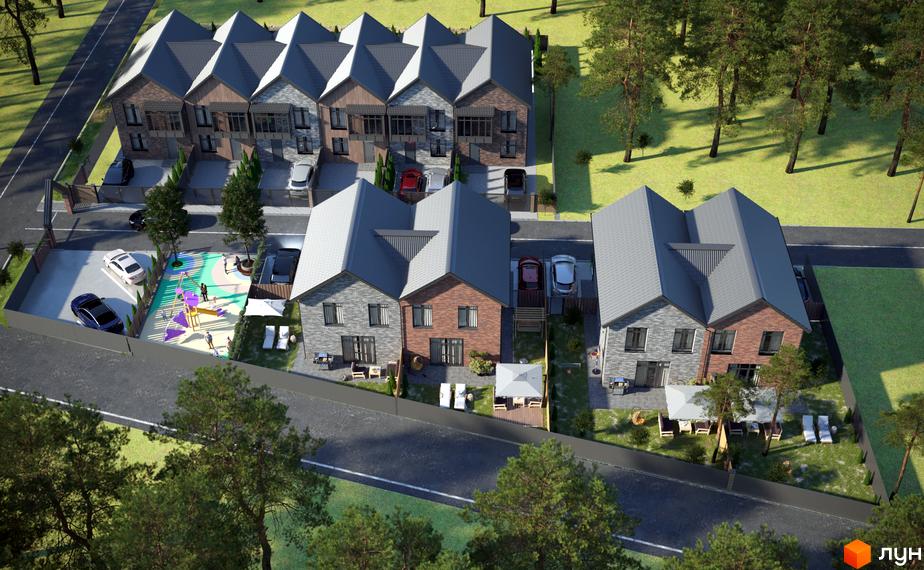 Котеджне містечко SIB Home: двоповерхові будинки з сірого та червоного цегляного оздоблення, сірими дахами, поруч дитячий майданчик та зелена зона з деревами.