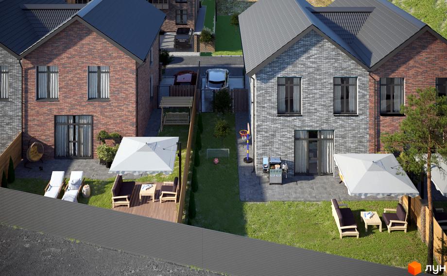 Котеджне містечко КМ SIB Home: цегляні будинки з сірої та червоної цегли з прибудинковою територією, зонами відпочинку та дитячим майданчиком.