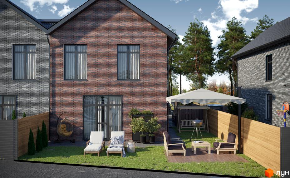 Котеджне містечко КМ SIB Home: двоповерхові будинки з цегляним фасадом та облаштована прибудинкова територія з зоною відпочинку.