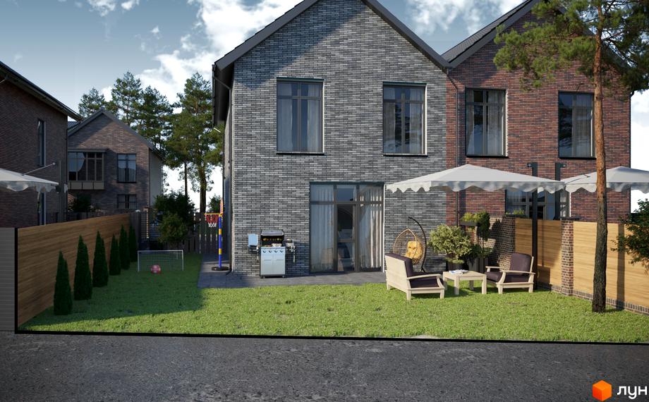 Зовнішній вигляд будинку КМ SIB Home з сірої цегли з великими вікнами та прибудинковою територією з газоном, зоною відпочинку та дитячим майданчиком.