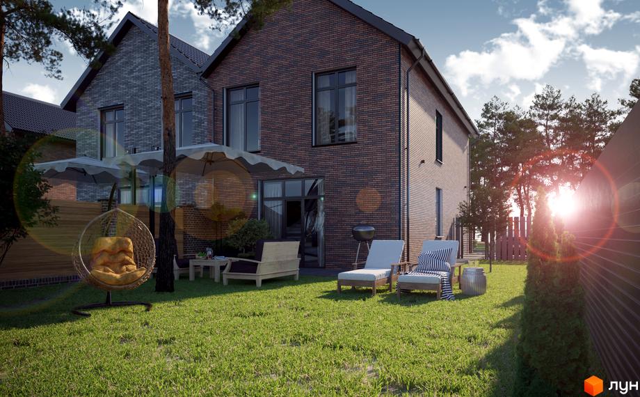 Котеджне містечко КМ SIB Home з цегляним фасадом та затишною прибудинковою територією з газоном та зонами відпочинку. Зелені насадження та сонячні промені створюють приємну атмосферу.