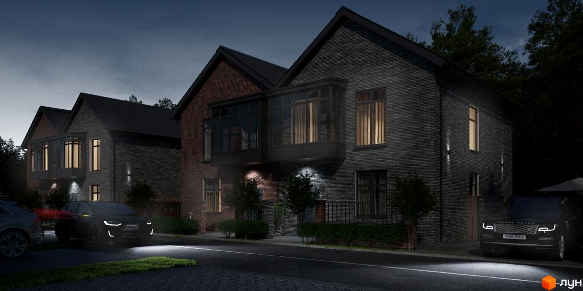 Котеджне містечко КМ SIB Home. Сучасні будинки з цегляним фасадом та прибудинковою територією з автомобілями вночі.