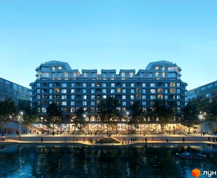 Житловий район Rybalsky: багатоповерховий будинок з вигнутим фасадом та освітлена набережна з людьми біля водойми.