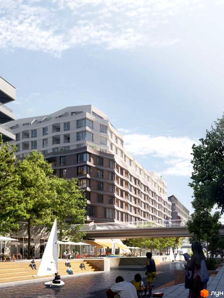 Житловий район Rybalsky: сучасна архітектура з вигнутими фасадами та балконами, набережна з людьми та яхтами.