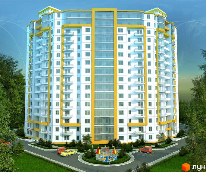 Зображення багатоповерхового будинку на вулиці Середньофонтанська, 30. Навколо будинку зелена територія з дитячим майданчиком та парковкою.