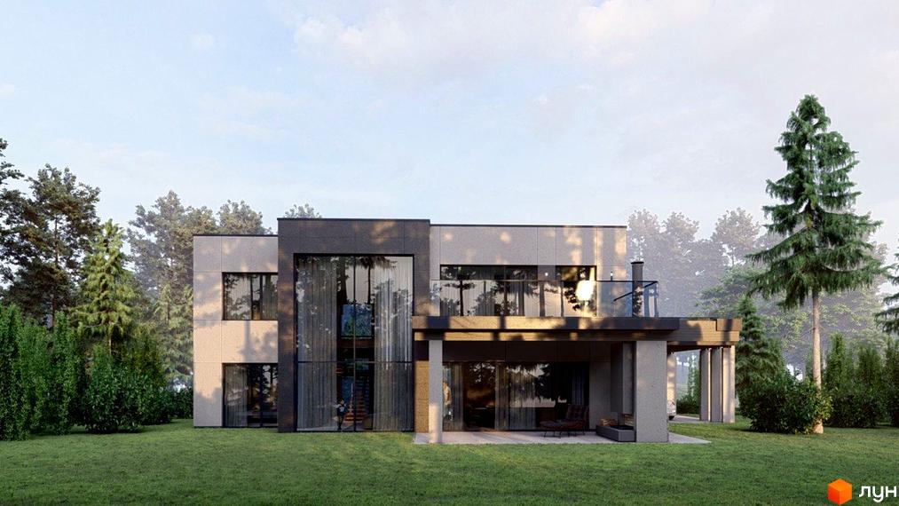 Зображення будинку в Котеджному містечку Крушинка Парк з великими вікнами та терасою, розташованого на зеленій галявині з деревами.