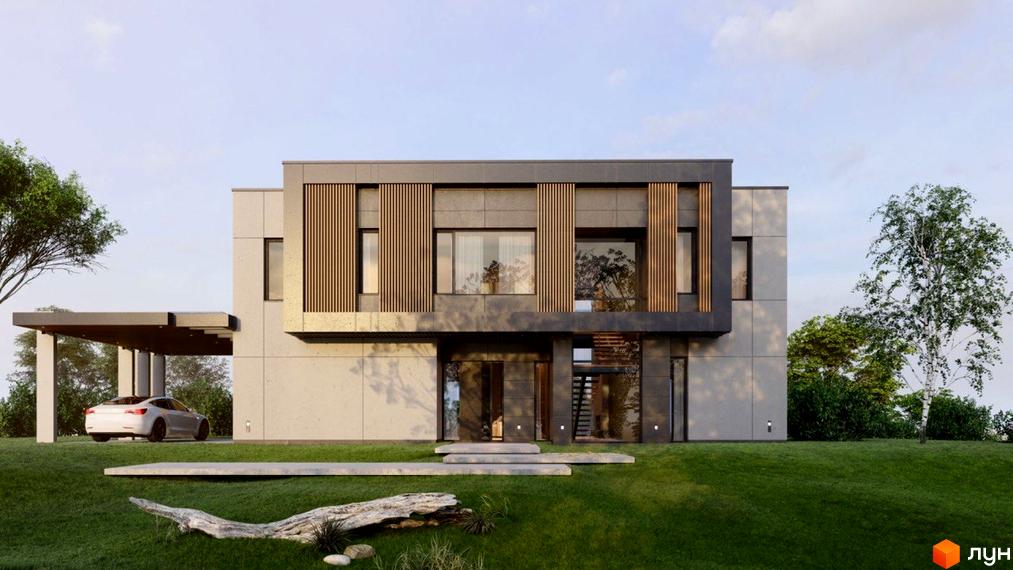 Фасад будинку в Котеджному містечку Крушинка Парк з великими вікнами та деревʼяними панелями, зелена прибудинкова територія з газоном та деревами.