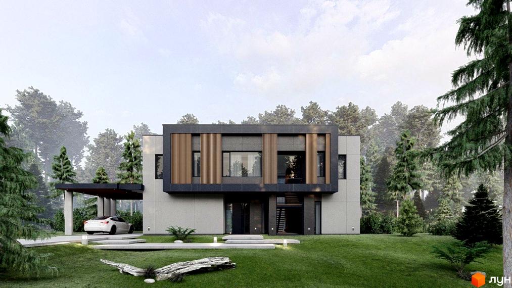 Двоповерховий будинок Котеджного містечка Крушинка Парк з комбінованим фасадом та великими вікнами. Навколо розташований доглянутий газон та ліс з хвойних дерев.