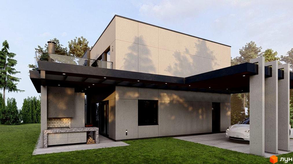 Оздоблення фасаду будинку з бетону в Котеджному містечку Крушинка Парк. На території газон та місце для барбекю.