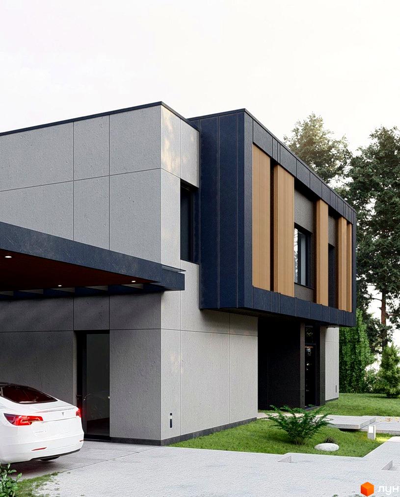 Котеджне містечко Крушинка Парк: будинок з фасадом з сірих панелей, темних вставок та дерев'яних ламелей. Територія має газон та бетонні доріжки.