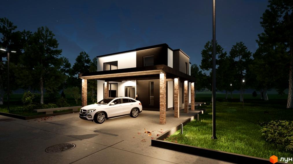 Двоповерховий будинок з білим фасадом та темним дахом. Перед будинком припаркований білий автомобіль, навколо зелена трава та дерева, освітлення.