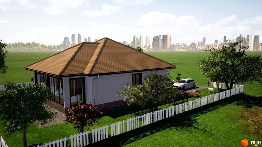 Одноповерховий будинок з коричневою черепицею на даху, білим парканом та доглянутою прибудинковою територією. Містечко котеджів Крушинка Парк.