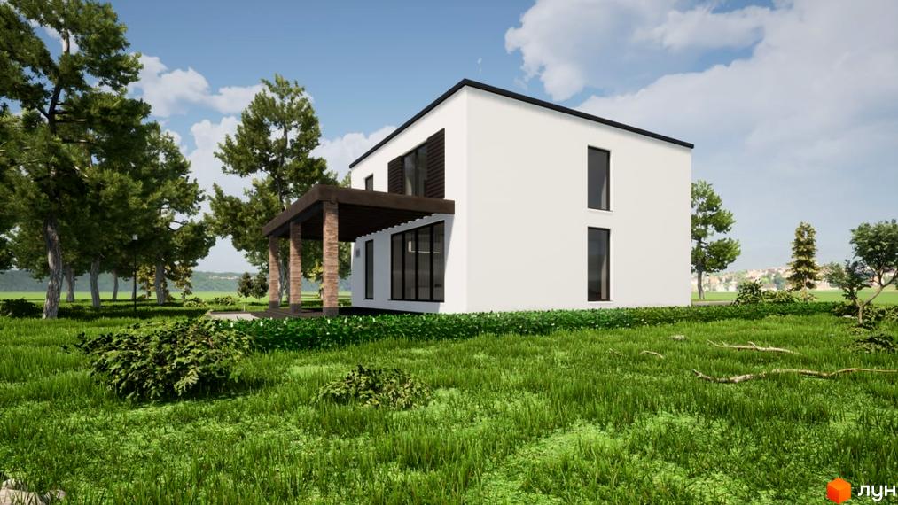 Білий двоповерховий будинок з темним дахом та вікнами. Перед будинком зелена трава та дерева, що створюють гарний вигляд для проживання в Містечко котеджів Крушинка Парк.