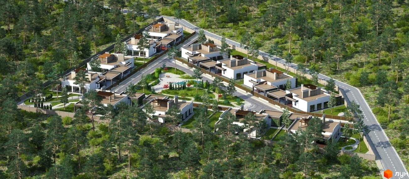 Котеджне містечко Forest Villa - це сучасний житловий комплекс з білими будинками та великими вікнами, розташований серед зелених насаджень з доглянутою прибудинковою територією та дитячим майданчиком.