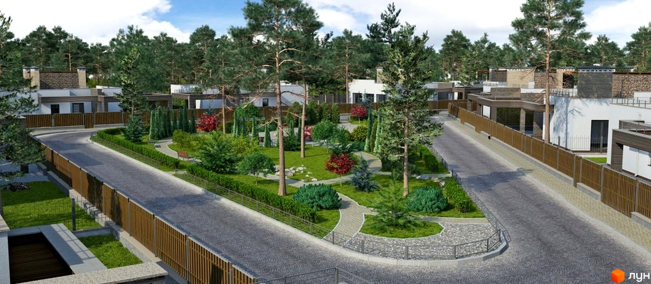 Котеджне містечко Forest Villa: сучасні будинки з кам'яним оздобленням та зеленою прибудинковою територією з доріжками та деревами.