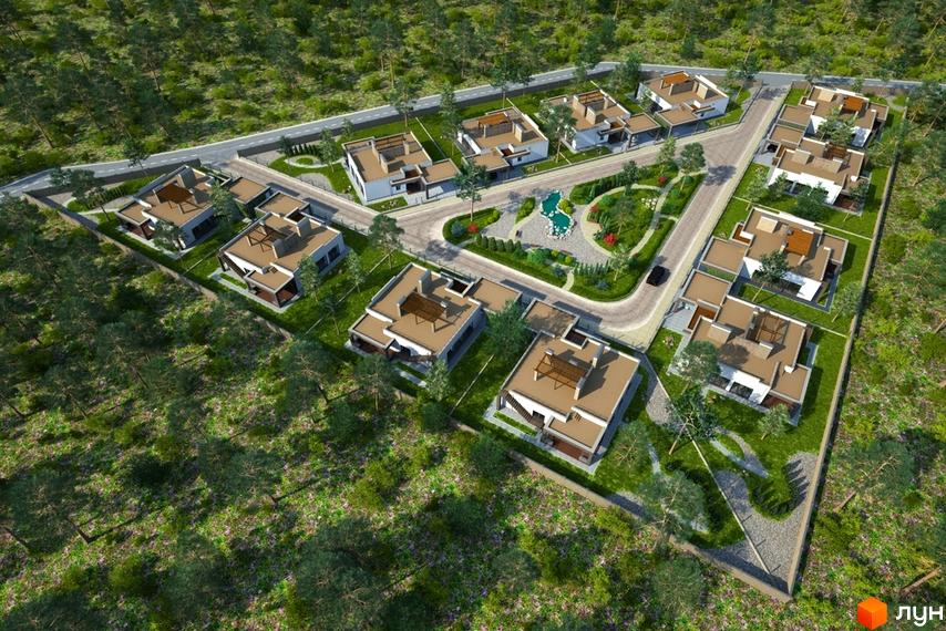 Котеджне містечко Forest Villa: сучасні будинки з пласкими дахами та прибудинкова територія з ландшафтним дизайном та водоймою.