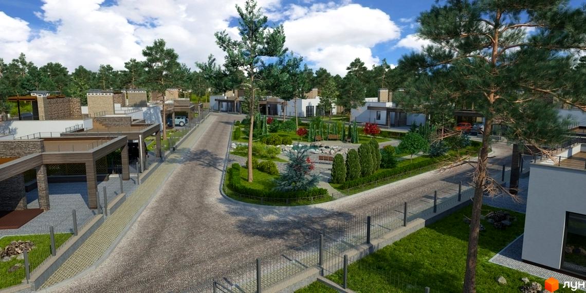 Котеджне містечко Forest Villa: фасади будинків з натуральних матеріалів та зелена прибудинкова територія з доріжками та ландшафтним дизайном.