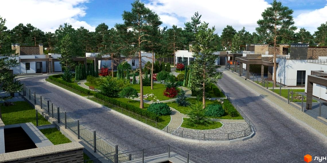Котеджне містечко Forest Villa: сучасні будинки з панорамними вікнами та доглянутою прибудинковою територією з зеленими насадженнями.