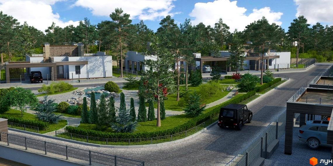 Котеджне містечко Forest Villa з сучасними будинками та доглянутою прибудинковою територією з озелененням та водою.