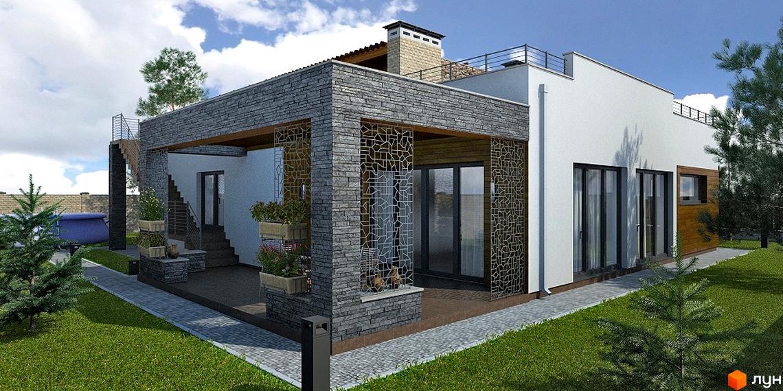 Котеджне містечко Forest Villa: двоповерховий будинок з сірим кам'яним оздобленням, великими вікнами та терасою, розташований на доглянутій зеленій ділянці з деревами.