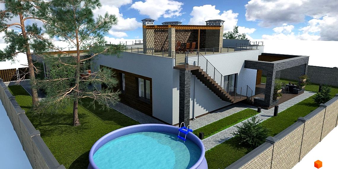 Котеджне містечко Forest Villa з басейном та терасою. Зовнішній вигляд будинку з дерев'яними елементами та кам'яним оздобленням.