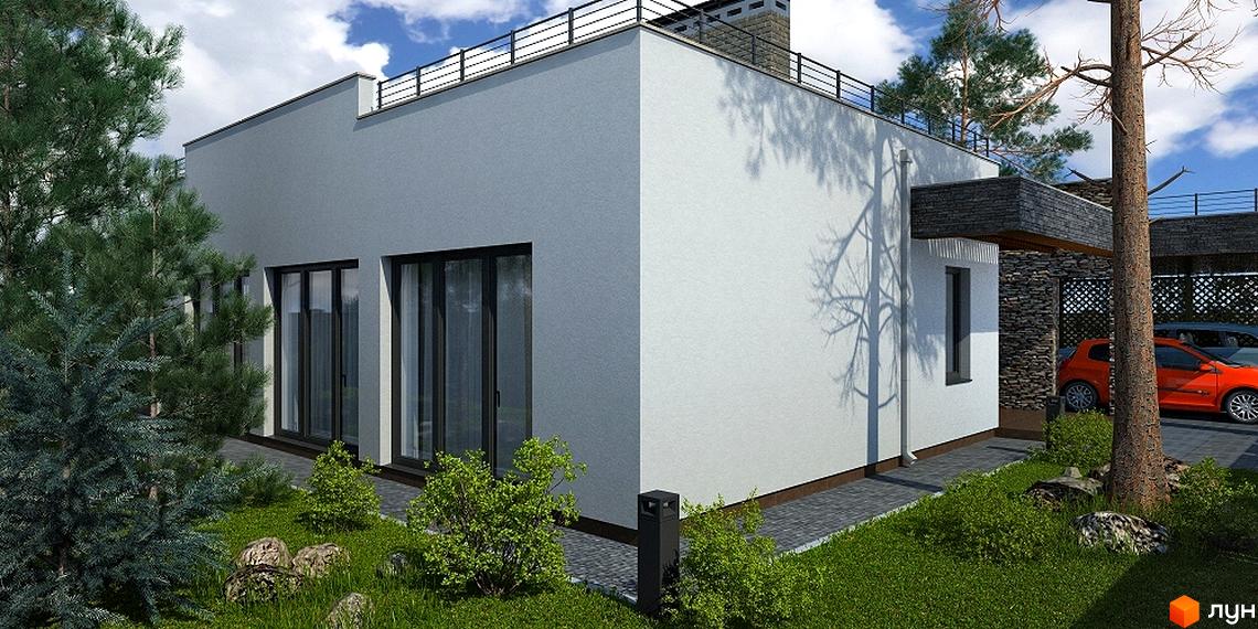 Котеджне містечко Forest Villa з сірими стінами та великими вікнами, оточене зеленню та деревами. На території розташовані автомобілі та доглянутий двір.
