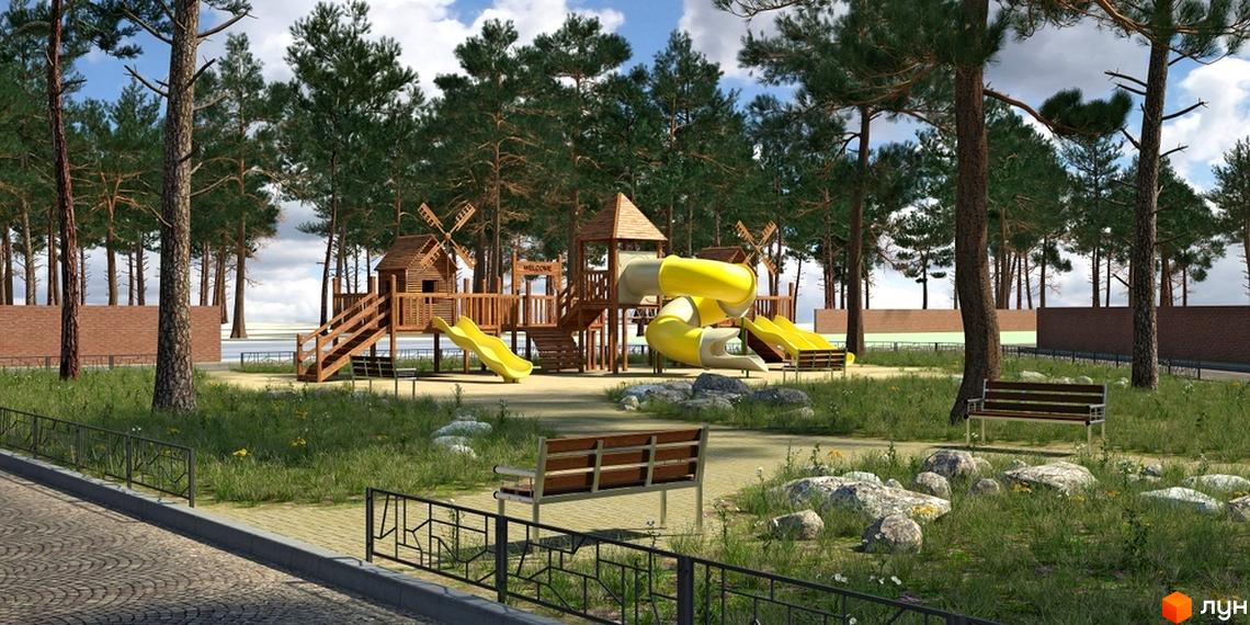Дитячий майданчик у Котеджному містечку КМ Forest Villa з дерев'яними гірками та гойдалками серед соснового лісу. Зелена територія з лавками та кам'яними елементами.