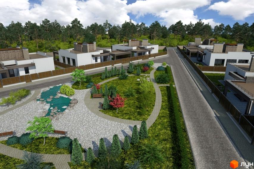 Котеджне містечко КМ Forest Villa: білі будинки з коричневими дахами та паркан. На території є водойма, зелені насадження та доріжки.