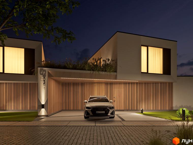 Котеджне містечко VIA 52 з сучасним дизайном фасаду та освітленням, прибудинкова територія з доглянутим газоном та автомобілем на під'їзді.