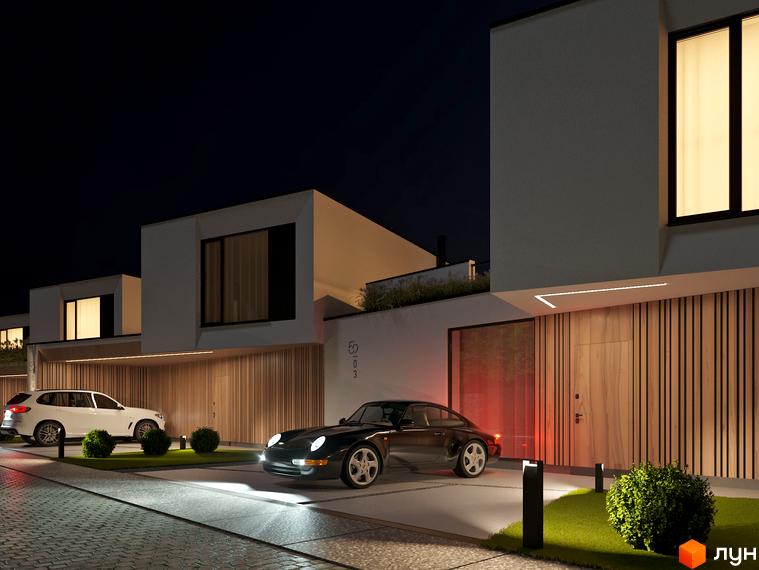 Котеджне містечко VIA 52 з сучасними будинками та автомобілями на території. Зовнішній вигляд новобудов та прибудинкової території.