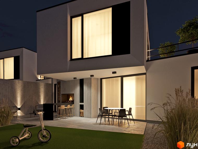 Котеджне містечко VIA 52: сучасний двоповерховий будинок з великими вікнами та терасою, зелена галявина з дитячим самокатом.