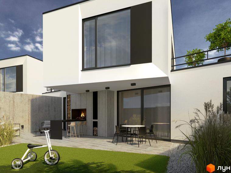 Котеджний комплекс VIA 52 з білими фасадами, великими вікнами та зоною барбекю. На подвір'ї зелений газон, дитячий триколісний велосипед та зона відпочинку з вогнищем.