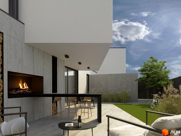 Котеджне містечко VIA 52: сучасний екстер'єр з каміном та барною стійкою, зелений двір з деревом та травою.