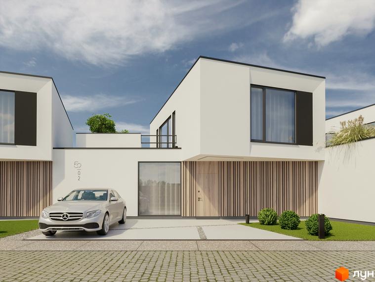 Котеджне містечко VIA 52. Сучасний двоповерховий будинок з панорамними вікнами та дерев'яними елементами фасаду, прибудинкова територія з доглянутим газоном та паркуванням.