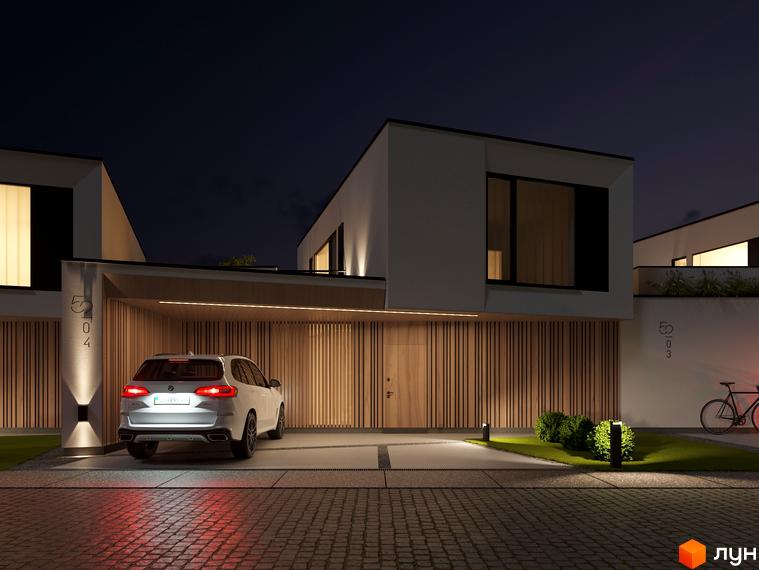 Котеджне містечко VIA 52: фасади будинків з панорамними вікнами та дерев'яними елементами, прибудинкова територія з освітленням та ландшафтним дизайном.