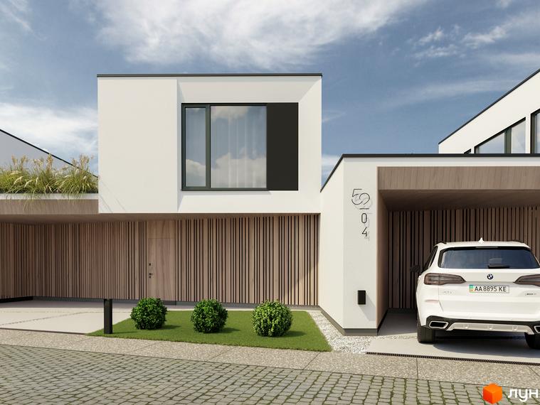 Котеджне містечко КМ VIA 52 з білими фасадами та дерев'яними елементами, прибудинкова територія з газоном та кущами.